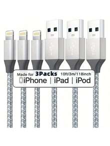 3pcs/1pc 1m/2m/3 Meters Nylon Braided Charging Cable, USB-A To 8-Pin Fast Charging Data Cable Compatible With IPhone 14/13/12/11 Pro Max XR XS X/8/7/6s Plus 5s SE, Also Suitable For IPad, IPod And Other Devices - Silver (3 Packs) - View 9