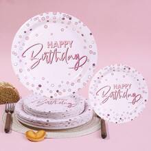 10/20/40/50 piezas, Platos de fiesta de cumpleaños en color oro rosa - Vajilla elegante en oro rosa con letras de "Feliz Cumpleaños", platos de postre y cena con estampado de puntos en oro rosa y diseños de cumpleaños para celebraciones de cumpleaños de familias de niños y niñas, para fiestas de princesas, despedidas de soltera y decoraciones de fiesta de cumpleaños en fines de semana y días festivos - Oro rosa - Ver 1