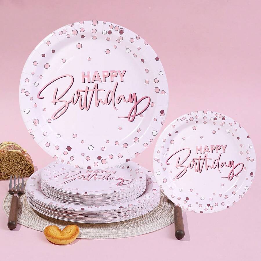 10/20/40/50 piezas, Platos de fiesta de cumpleaños en color oro rosa - Vajilla elegante en oro rosa con letras de "Feliz Cumpleaños", platos de postre y cena con estampado de puntos en oro rosa y diseños de cumpleaños para celebraciones de cumpleaños de familias de niños y niñas, para fiestas de princesas, despedidas de soltera y decoraciones de fiesta de cumpleaños en fines de semana y días festivos - Oro rosa - Ver 1