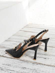 Damskie czółenka z teksturą kamienia, czarne, z szpiczastym noskiem, seksowne, uniwersalne buty na wysokim obcasie z ozdobnym zapięciem, zima 2025, nowość - Czarne - Zobacz 6