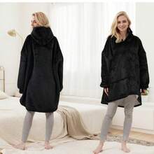 1 chiếc áo hoodie vải nỉ có tay, áo hoodie trùm đầu cỡ lớn có túi siêu rộng, 3 lỗ xỏ ở bên trái, bên phải và trên cùng, phù hợp cho người lớn và thú cưng nhỏ, mùa đông - màu đen - Xem 6