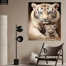 Decoración de pared vintage hecha a mano de tigre blanco y cachorro - Estilo de granja campestre, impresión en lienzo con marco de madera, patrón de tigre y cachorro, adecuada para sala de estar, dormitorio - Decoración de oficina en casa, póster de animales, decoración de habitación acogedora con marco envolvente - transparente - Ver 8