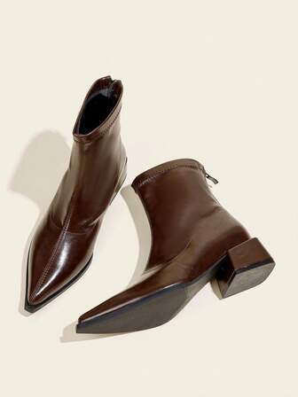 Women's Coffee Brown Ankle Boots And Short Boots, Chunky Heel 5cm Slim Boots, Comfortable Chelsea Pointed Toe Boots, Fashion 2025