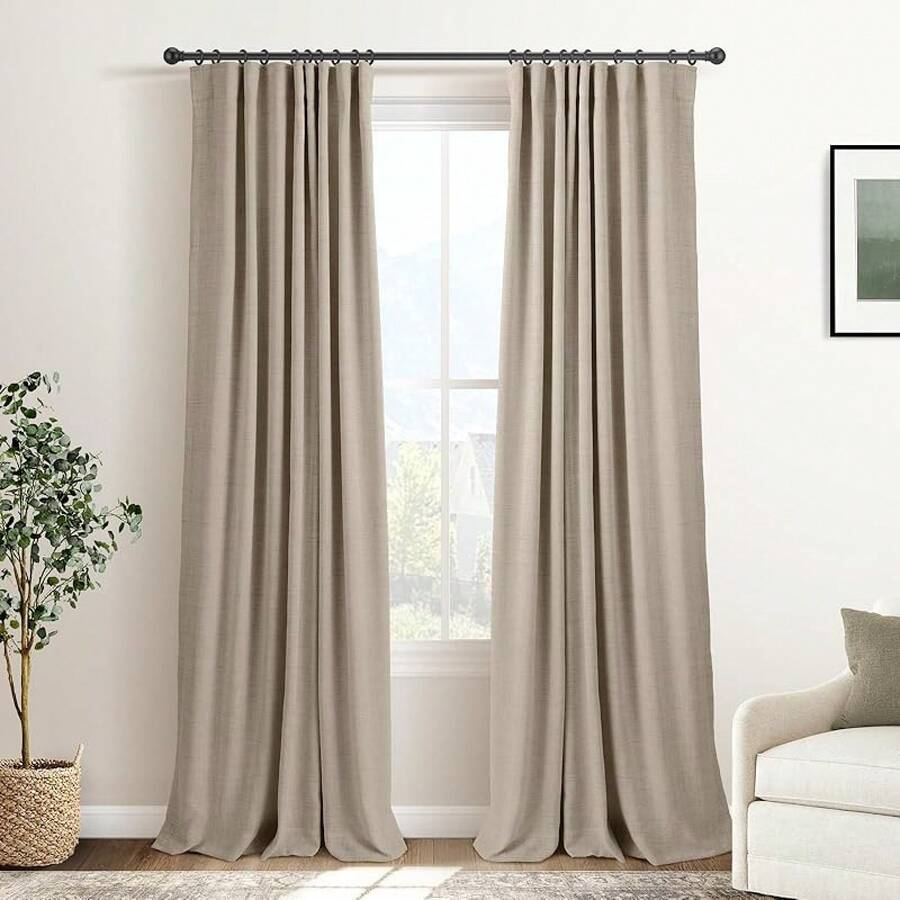 % Blackout Curtains Bedroom, 84 Inch Long Blackout Curtains, Clip Rings Linen Drapes, Thermal Insulated Room Darkening Living Room, 2 Panels - Beige, W50xL84, Bedroom Decor - 土米色 - 查看 1