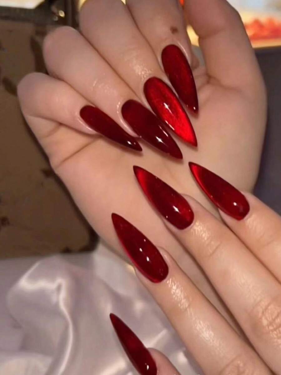 10pcs Instant Nail Art Stickers! Elegant Red Cat Eye Fake Nails, Fashionable Strawberry Red Cat Eye Manicure, Full Coverage False Nails Suitable For Women And Girls. Includes 1pc Jelly Gel And 1pc Nail File. Jelly Gel Strips Shipped Randomly. - Red - View 1