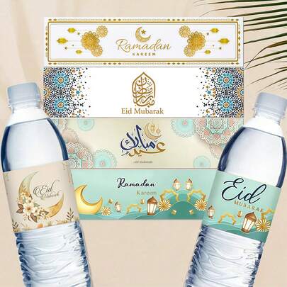 10pcs/20pcs/40pcs Eid Mubarak Ramadan Bottle Stickers, Eid Decoration 2025 Home Water Bottle Covers Ramadan Decor