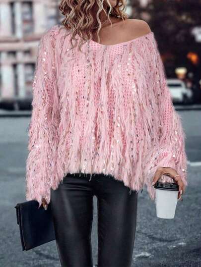 Loose Fit Women's Autumn/Winter Luxury Fringe Sequin Knit Sweater - Super V-Neck Party Top | Elegant European Style Evening Wear