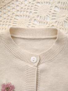 Baby Girls' Cute & Sweet Floral Embroidery Pattern Warm Long Sleeve Knitted Cardigan Sweater Jacket, Suitable For Autumn/Winter Outings, Daily Wear Or Gatherings - Beige - View 2