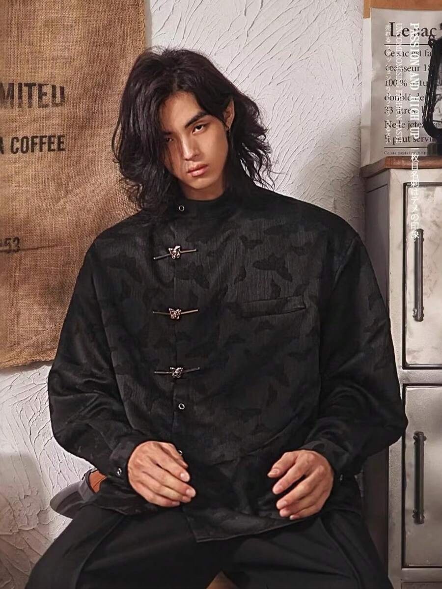 New Chinese Style Butterfly Jacquard Buckle Long Sleeved Shirt For Men's Clothing Design Tang Style Shirt Top - 黑色 - 查看 1