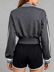 Women's Black V-Neck Striped Cropped Sweatshirt, Retro Sporty Long Sleeve Top, Athletic Pullover For Gym & Street Fashion - Dark Grey - View 2