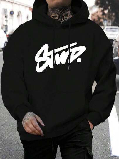 Men Beige Hoodie With STWD Logo Print Heavyweight Casual Pullover Sweatshirt  Pocket Black Lettering Winter Warmth Machine Washable Hand Wash Recommended FallWinter Streetwear Essential  S M L XL XXL XXXL