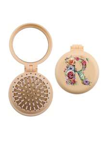 Brodark 1个象牙色和米色花卉图案26字母迷你镜梳，小巧便携，女士必备气垫梳，可折叠气垫按摩梳，镜子和梳子一体设计，旅行和露营配件，返校必备 - 黃色 - 查看 16