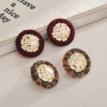 Vintage Leopard Print Inlaid Zirconia Coffee Color Round Stud Earrings, Fashionable Elegant Luxurious Earrings, Autumn/Winter