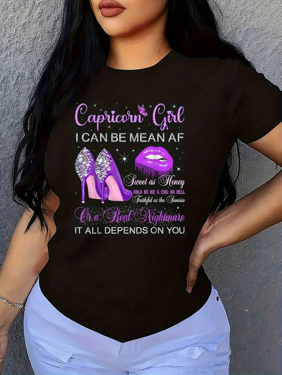 Capricorn Birthday 1 Pcs Women's Plus Size T-Shirt Funny Oversized Graphic Short Sleeve Tee Novelty 100% Polyester Shirt Casual Crew Neck Top 220g - màu đen - Xem 1