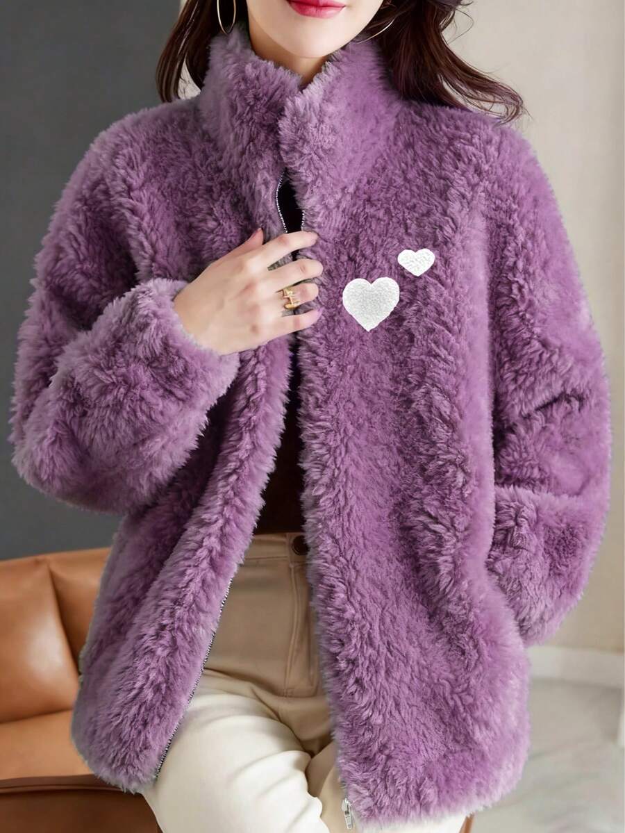 Women's Solid Color Zippered Lapel Collar Heart Pattern Faux Fur Coat - Lilac Purple - View 1