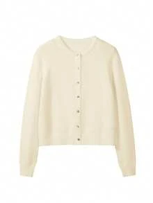 FOR BEAUTY 女士圆领珍珠纽扣长袖针织开衫，短款休闲宽松舒适毛衣外套，新年款 - 淺駝色 - 查看 5