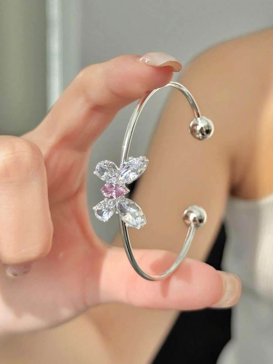 1 Peça Pulseira de Bracelete de Borboleta de Prata com Incrustação de Cobre e Zircônia Cúbica, Design de Luxo e Alta Qualidade para Mulheres