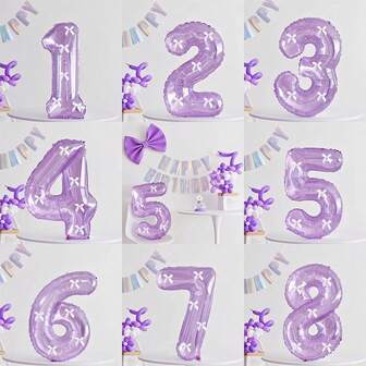 1 Set Dreamy Crystal Purple Balloons, Numbered Balloons With White Bow Decor, Suitable For Birthday Party, Bar, Proposal And Confession Scenes, Numbers 1-9 Available