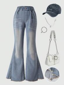 少女款松紧腰带口袋不对称下摆休闲喇叭牛仔裤 - 藍色 - 查看 1