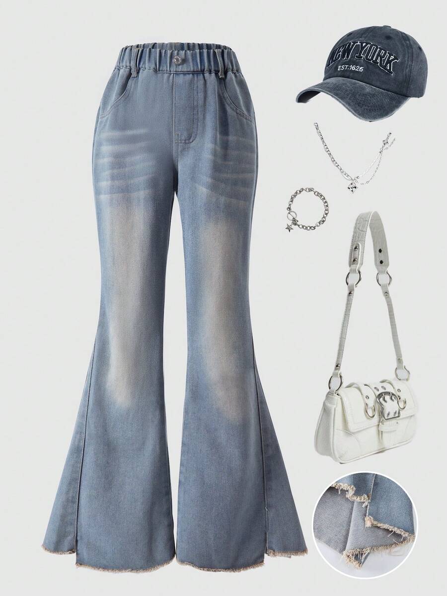 少女款松紧腰带口袋不对称下摆休闲喇叭牛仔裤 - 藍色 - 查看 1