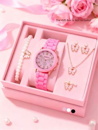6/1pc Girl Elegant, Cute, Fashionable Round Digital Display Pointer Quartz Watch With Pearl Butterfly Necklace Bracelet, Ring, Earring, Jewelry Set Suitable For Daily Wearing, Girl Party Vacation Celebration, Christmas Travel, Birthday/Festival Back To School Decorations Perfect Gift For Girls