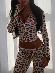 Y2K-Stil Sommer bedruckter 2-teiliger Lässig Street Outfit, Langarm Reißverschluss Kapuzenpullover Crop Top und Hosen Set