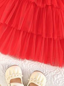 Baby Girls Autumn New Sweet Cute Solid Ribbed Mesh Ruffle Hem Dress + Belt, Sweet Princess Fashion - Red - View 5