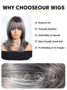 18英寸优雅灰色长卷发假发，带挑染和刘海 - 深色发根至浅色发尾，合成纤维材质，适合女性日常、派对、节日、旅行、万圣节、圣诞节、新年、狂欢节、音乐节、角色扮演等各种场合，是送给女孩的理想礼物，也是夏季毕业季的完美礼物，现成的礼物之选，万圣节圣诞节礼物。 - 灰色 - 查看 8