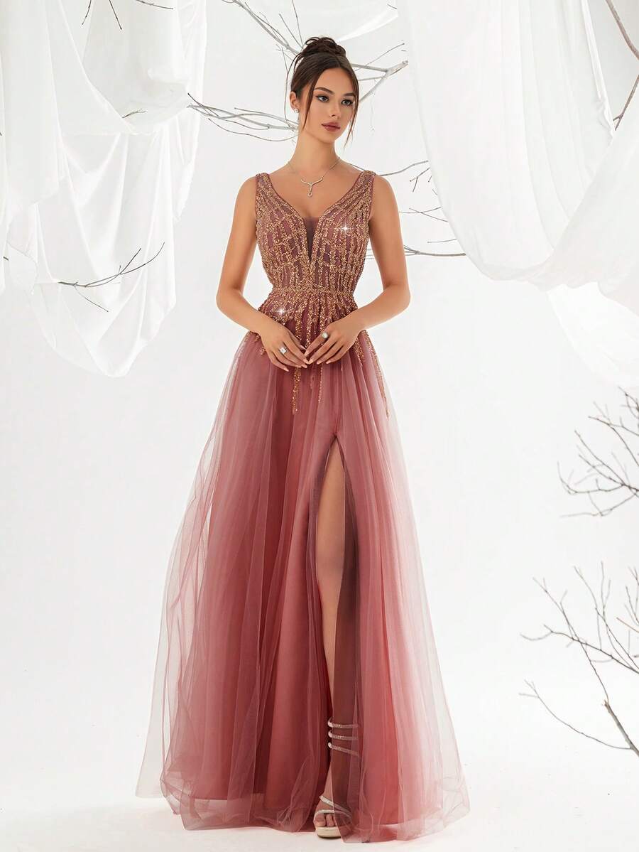 VIPGIRL Sequin Patchwork High Slit Elegant Long Evening Gown - Red - View 1