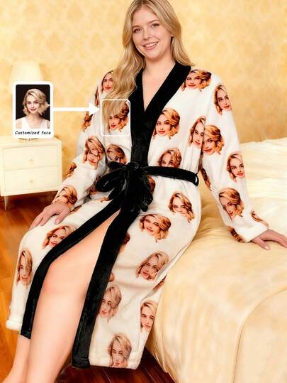 Plus Size Women's Flannel Robe, Soft Fabric With Custom Design, Adjustable Waist Belt, Comfortable Casual Wear, The Best Gift For Your Wife
