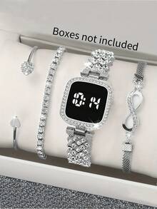 4 Pcs Women Watch Set Ladies Gold Digital LED Watch FREE Bracelet,Gift Daily Decoration Holiday - Silver - View 6