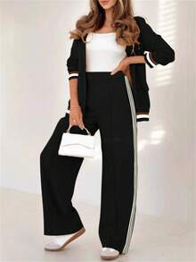 2pcs Solid & Striped Blazer Jacket And Wide Leg Straight Pants Set, Women Office Casual Suit - Black - View 2
