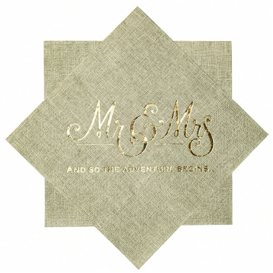 Wedding Napkins, 3-Ply Gold Foil Dinner Napkins Mr And Mrs Cocktail Napkins, Folded 5 X 5 Disposable Napkins For Wedding Dinner Party Bridal Anniversary, 20Pcs - Beige - View 1