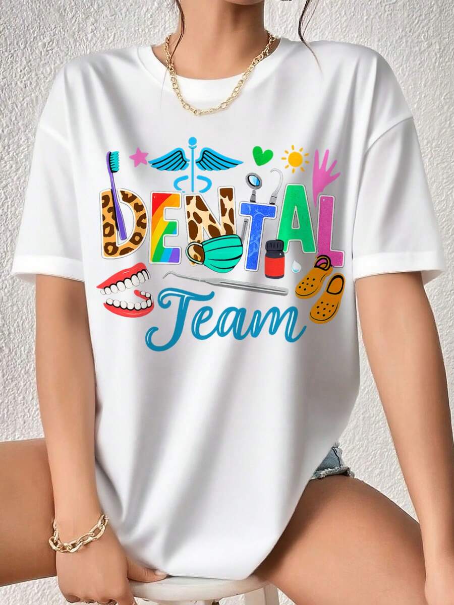 Camiseta estampada de mujer talla grande, Dentista Divertido Dental Team Camiseta Gráfica Regalo, Playera Informal De Verano Para Mujer Con Estampado De Estilo Dental Colorido, Cuello Redondo, Manga Corta ,con diseño moderno y ajuste holgado - Blanco - Ver 1