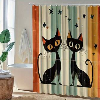 1pc Abstract Painting Two Kittens Digital Printing, Waterproof Shower Curtain, Home Hotel Bathroom Decoration Isolation Shower Curtain,Bathroom Decor And Accessories,Room Decor,Perfect For Hotel And Home Decorations