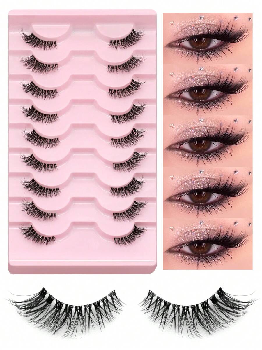 9 Pairs Half Eyelashes Clear Band Lashes Short Lashes Wispy Cat Eye False Eyelashes Soft 3d Faux Mink Eyelashes Volume Natural Look Faux Mink Lashes Makeup Tools For Everyday(F27) - Black - View 1