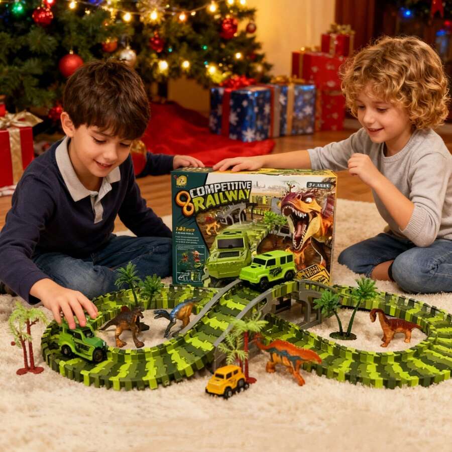 135pcs/141pcs Dinosaur Racing Track Toy Set, Build Dinosaur Racing Track World, Flexible Track Toy Set, Jurassic Dinosaur Track Toy Set, Dinosaur Racing Track Toy, Suitable For Toddlers And Birthday Gift