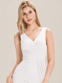 EVERPRETTY Elegant Romantic Chiffon Sleeveless High Slit Flowy Tie Detail Bridal Gown, White Formal Dress For Wedding Party - White - View 6