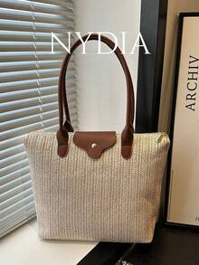 A Simple And Versatile Solid Color Casual Tote Bag, Large Capacity, With Zipper, Can Be Worn As A Shoulder Bag, Suitable For Shopping, Vacation, Work And Commuting And Other Occasions. - Beige - View 2