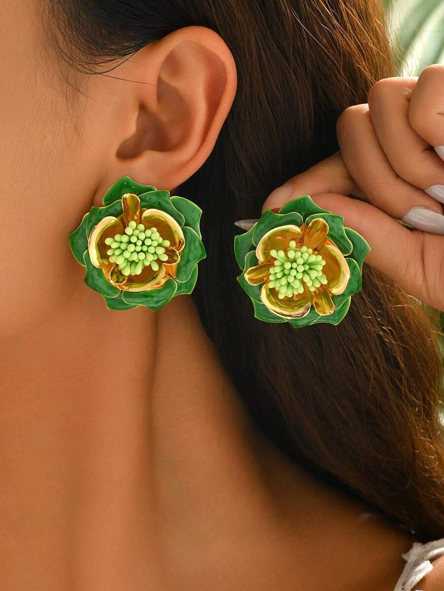 1 Paar elegante mehrschichtige 3D Rosen Blumen Ohrringe, schicker Küstenurlaubsstil, leichte Blumen Ohrringe geeignet für den täglichen und Urlaubsgebrauch von Frauen - Grün - Übersicht 1
