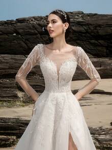 HEARBOBO White Beading Sequin Mesh Long Sleeve Backless Wedding Dress For Bride,Christmas ,With Train