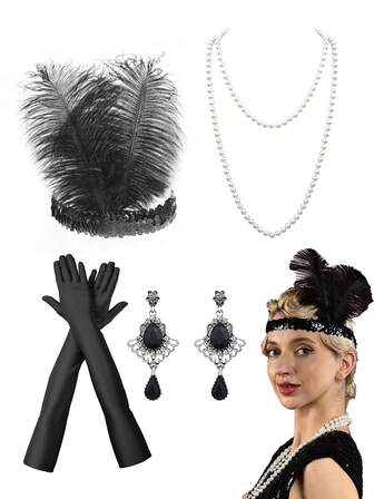 D EXCEED 4件套 1920年代女士复古女郎角色扮演配饰，包括发箍、耳环、项链和手套，适合盖茨比主题派对、复古婚礼服装配饰