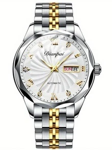 日派时尚男士自动机械表，耐用不锈钢表带，双日历夜光男士腕表 - 情人节礼物 - 銀色 - 查看 10