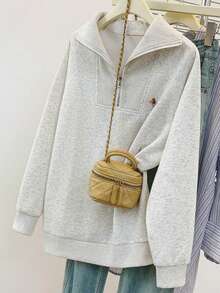 YUXIN Women's Exclusive! Grey Turndown Collar Half-Zip Sweatshirt, Casual Style, Cute Dog Pattern, Playful Yet Practical, Versatile For Autumn/Winter - Grey - View 5