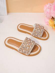 1 双夏季儿童拖鞋，时尚优雅，镶有水钻珍珠，适合小女孩和学生穿着，平底露趾圆头公主拖鞋（手工镶嵌水钻位置略有偏差） - 香檳色 - 查看 5