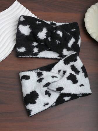 1条/2条复古豹纹毛绒针织交叉发带，优雅百搭柔软保暖发带，适合日常通勤和休闲聚会，秋冬休闲发带冬季发饰保暖吸汗带女士头巾时尚女士围巾