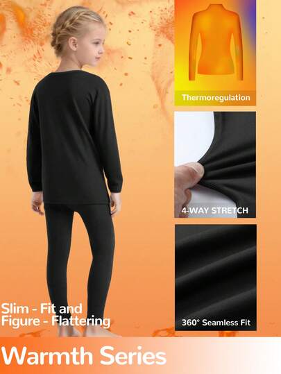 Tween Girls' Thermal Underwear Set (Ages 8-12 / 120-160 Cm) - Crew Neck Long Sleeve Top & Pants,Black | Thermal Lined Ultra-Warm & Breathable | Slim Fit, Ideal For Home Play, School Commutes, Ski Trips | Anti-Static & Quick-Dry | Winter/Christmas Essential