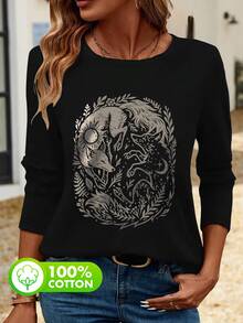 Women's Black 100% Cotton Autumn Fox Yin-Yang Round Neck Simple Casual Everyday Top, Women's Top With Sun And Moon Pattern Print, Women's Long-Sleeved T-Shirt With Witch Forest Pattern Print, Long-Sleeved T-Shirt With Mysterious Animal Pattern Print. - Black - View 2