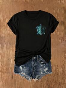 Sea Turtle Print T-Shirt, Casual Short-Sleeved Crew Neck T-Shirt, Suitable For Spring And Summer, Women's Clothing. Classic Black Crew Neck T-Shirt Made Of Pure Cotton. - 黑色 - 查看 3