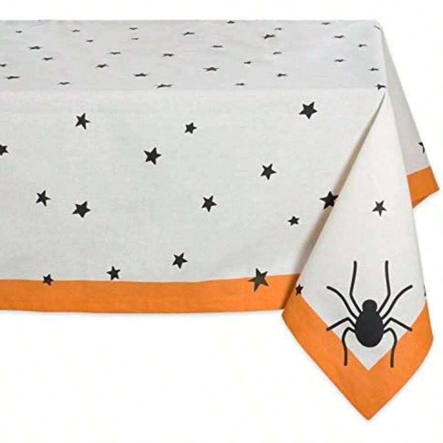 DII Colección de Mesa de Halloween con Estrellas Negras/araña Espeluznante con Borde Naranja sobre Fondo Natural Blanquecino, Lavable a máquina, Camino de Mesa de 14 x 72 Pulgadas(Estrellas negras 132.1 x 132.1 cm (Cuadrado)) - Multicolor - Ver 1